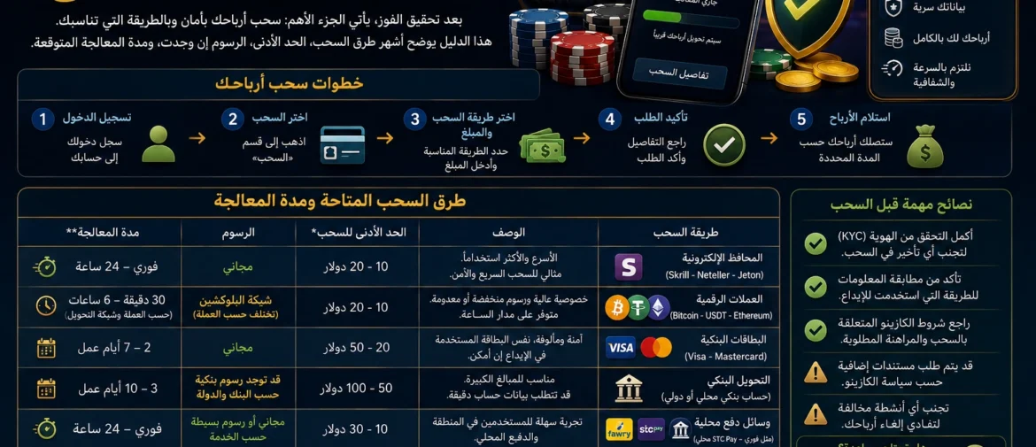 شرح طرق سحب الكازينو ومدة معالجة الأرباح