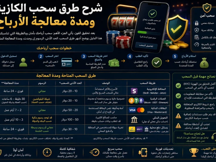 شرح طرق سحب الكازينو ومدة معالجة الأرباح