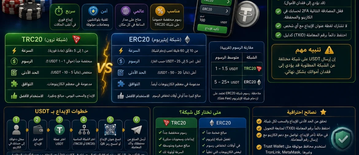 شرح دفع الكازينو بعملة USDT: شبكات TRC20 وERC20 والرسوم والأمان