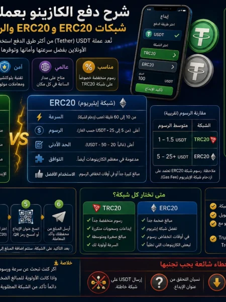 شرح دفع الكازينو بعملة USDT: شبكات TRC20 وERC20 والرسوم والأمان