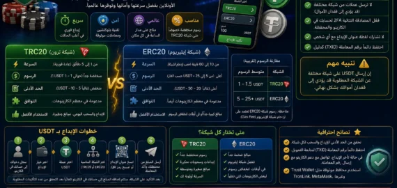 شرح دفع الكازينو بعملة USDT: شبكات TRC20 وERC20 والرسوم والأمان