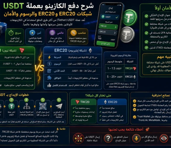 شرح دفع الكازينو بعملة USDT: شبكات TRC20 وERC20 والرسوم والأمان