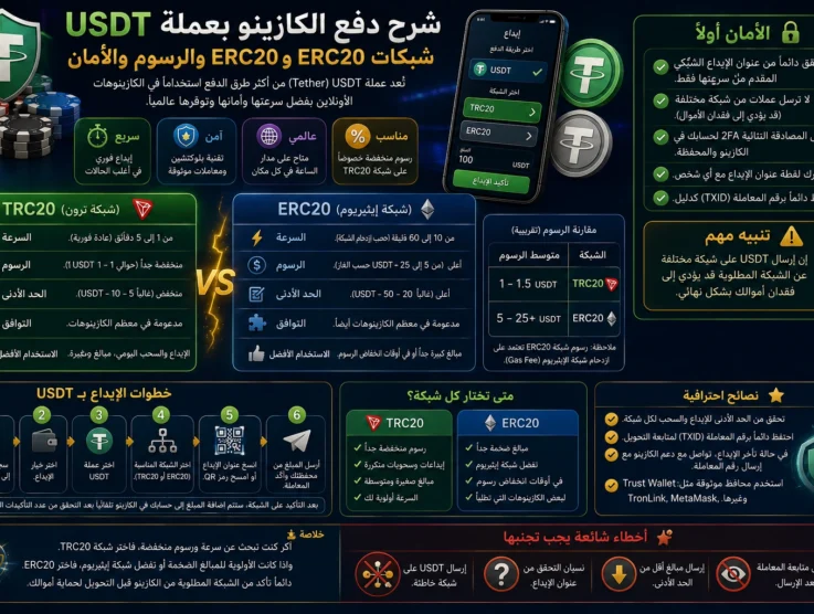 شرح دفع الكازينو بعملة USDT: شبكات TRC20 وERC20 والرسوم والأمان