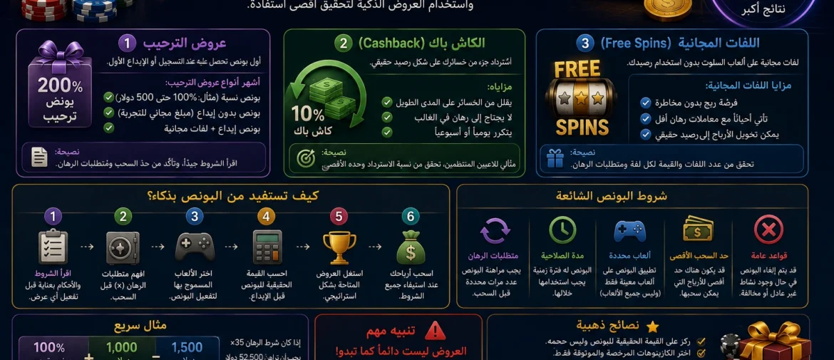شرح بونص الكازينو: عروض الترحيب والكاش باك واللفات المجانية
