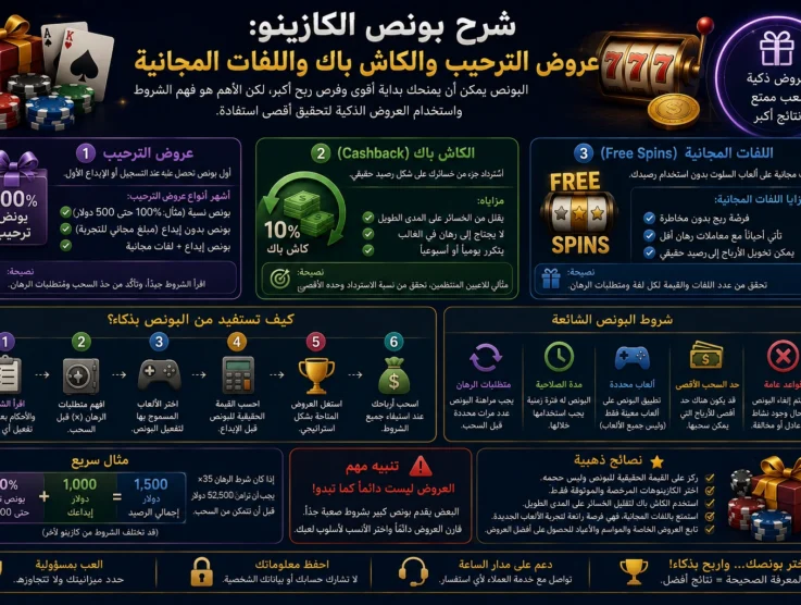 شرح بونص الكازينو: عروض الترحيب والكاش باك واللفات المجانية