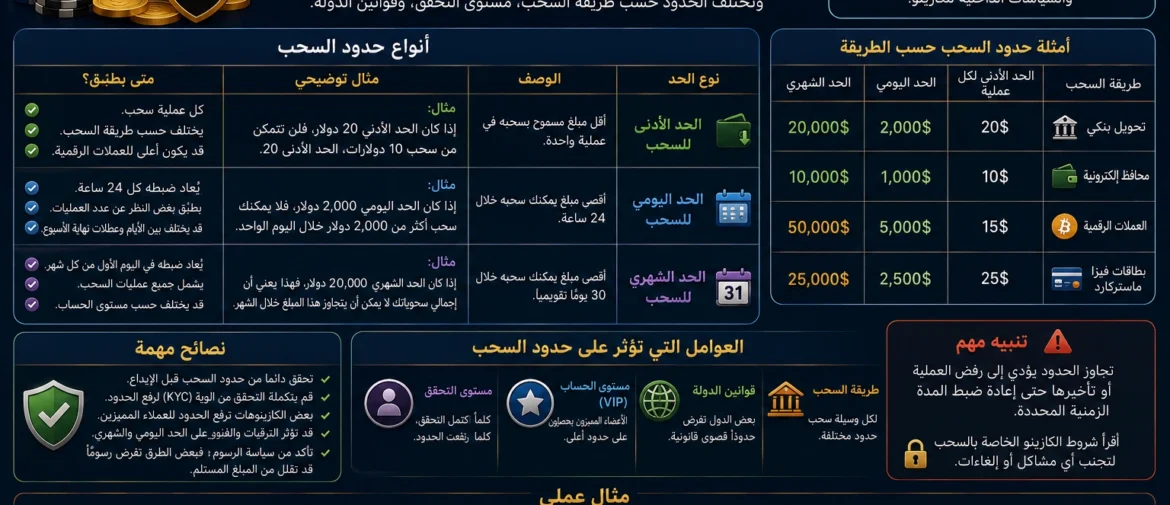 شرح حدود سحب الكازينو: الحد الأدنى واليومي والشهري