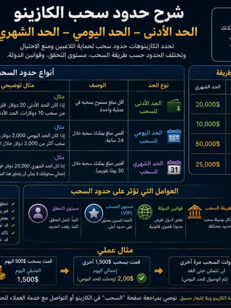 شرح حدود سحب الكازينو: الحد الأدنى واليومي والشهري