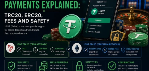 USDT Casino Payments Explained: TRC20, ERC20, Fees and Safety